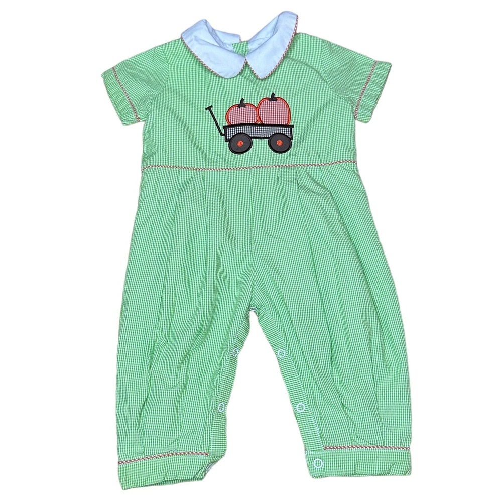 Smocked or Not Wagon and Pumpkin Checkered Print Collared Jumper Size 6 M (G761)